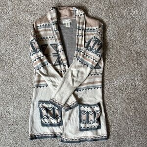 Jessica Simpson Beige, Taupe & Charcoal Tribal Open-Front Cardigan